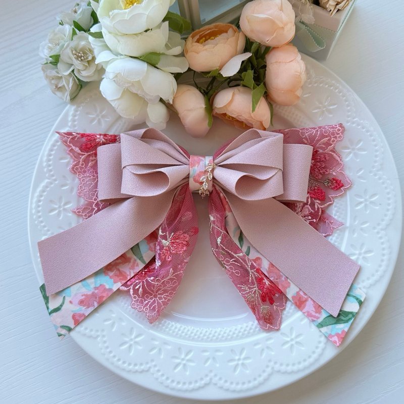 弹夹-独家花边蕾丝蝴蝶结发夹-桃红色 - 发饰 - 其他材质 红色