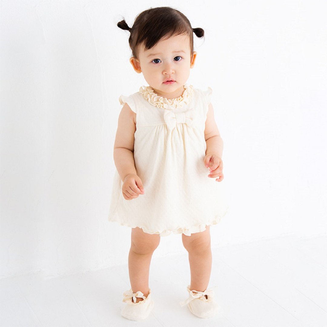 Y-1325 100% Organic Cotton Frills and Ribbon Tunic Made in Japan - 童装裙 - 棉 白色