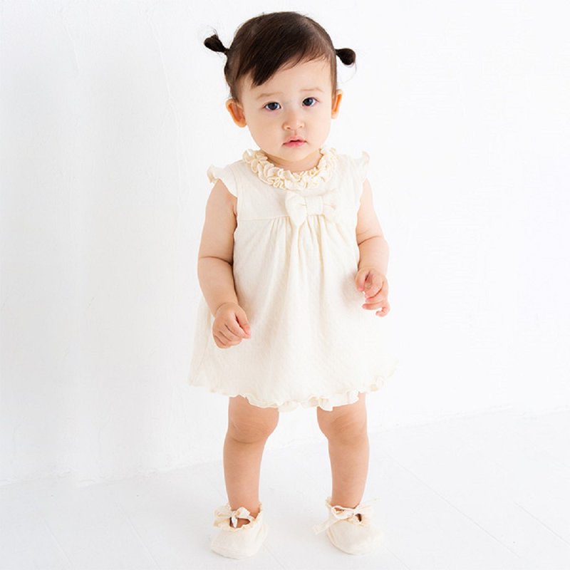 Y-1325 100% Organic Cotton Frills and Ribbon Tunic Made in Japan - 童装裙 - 棉 白色