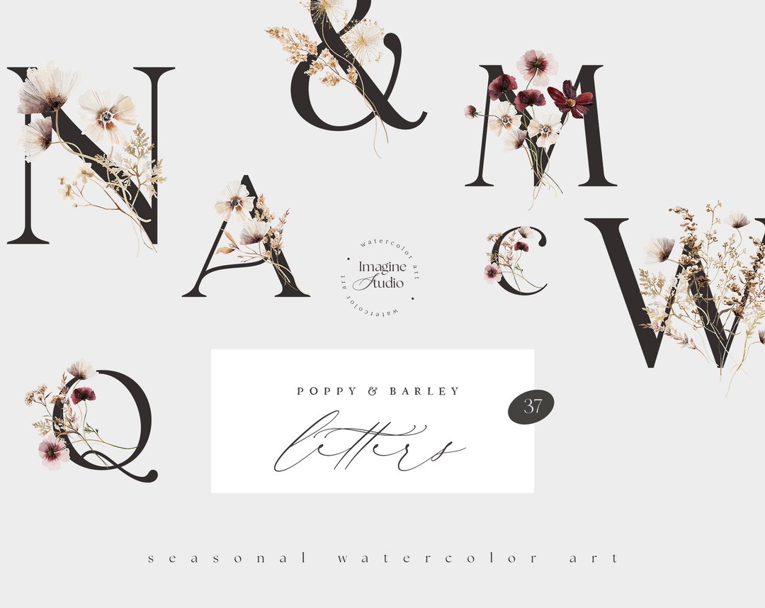 Wild Floral Digital Alphabet, Watercolor Autumn/Summer Letters, Wild Flowers - 电子手绘真人画像/绘画/插画 - 其他材质 