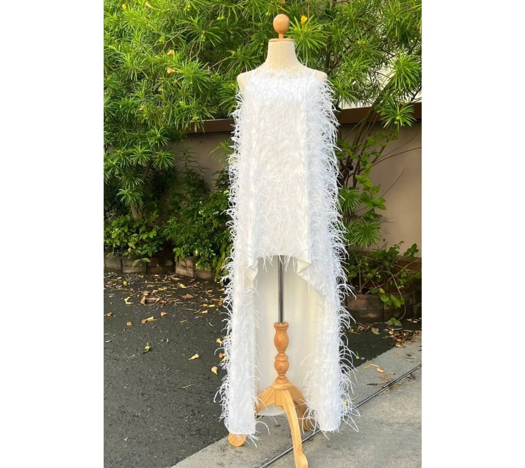 White embroidered ostrich feather wedding dress - 洋装/连衣裙 - 羽绒 白色