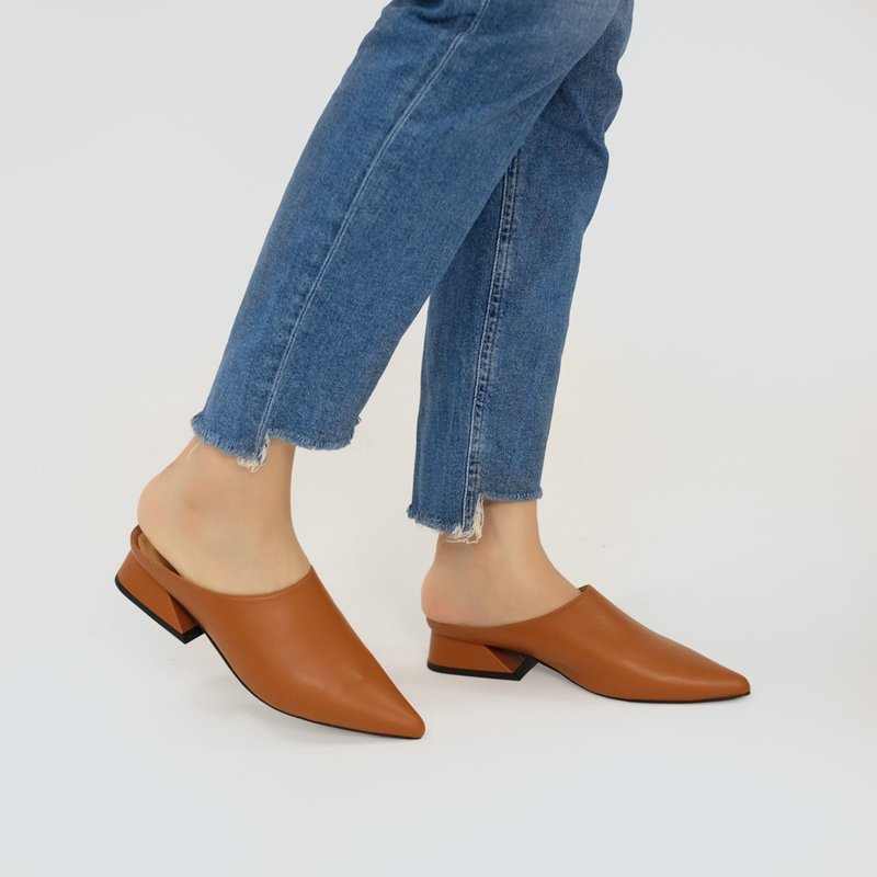 微正式!简单纯色调尖头穆勒鞋 咖橘 全真皮MIT-燃橙色 - 男女凉鞋 - 真皮 橘色