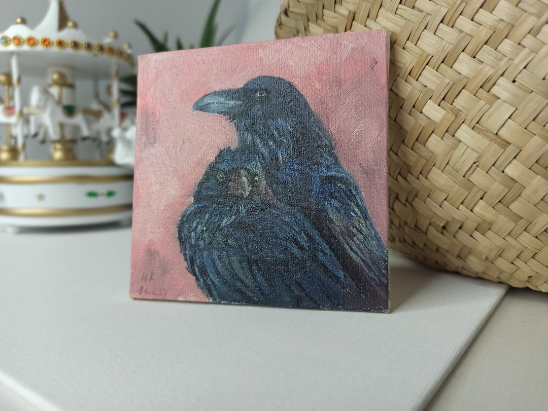 Raven painting  Animal oil painting original art Bird painting Small painting - 墙贴/壁贴 - 其他材质 紫色