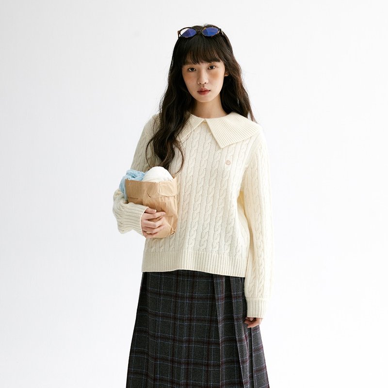 翻领绞花毛衣|针织衫|两色|秋冬款|Sora-1677 - 女装针织衫/毛衣 - 羊毛 多色