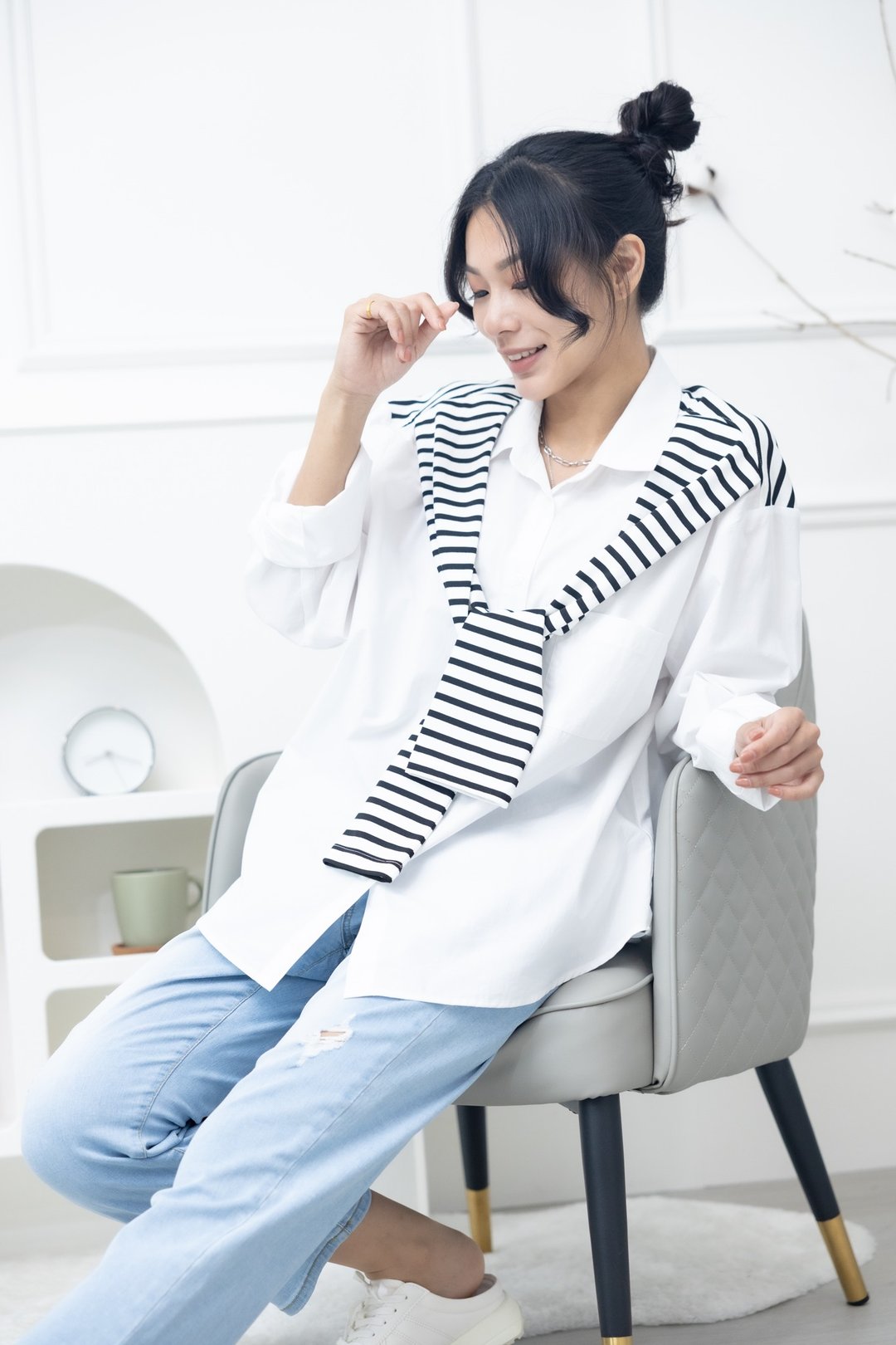 披挂黑白横条假二件长袖衬衫 白色 - 女装衬衫 - 其他材质 白色