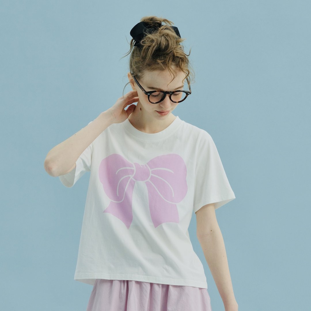 粉色蝴蝶结白色短袖棉T恤 / T-shirt 上衣 - 女装 T 恤 - 棉 白色