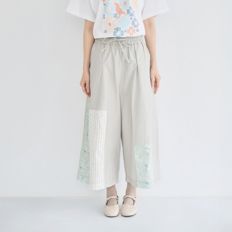 拼接宽裤裙/飞樱/微风绿/花束 - 女装长裤 - 棉．麻 绿色