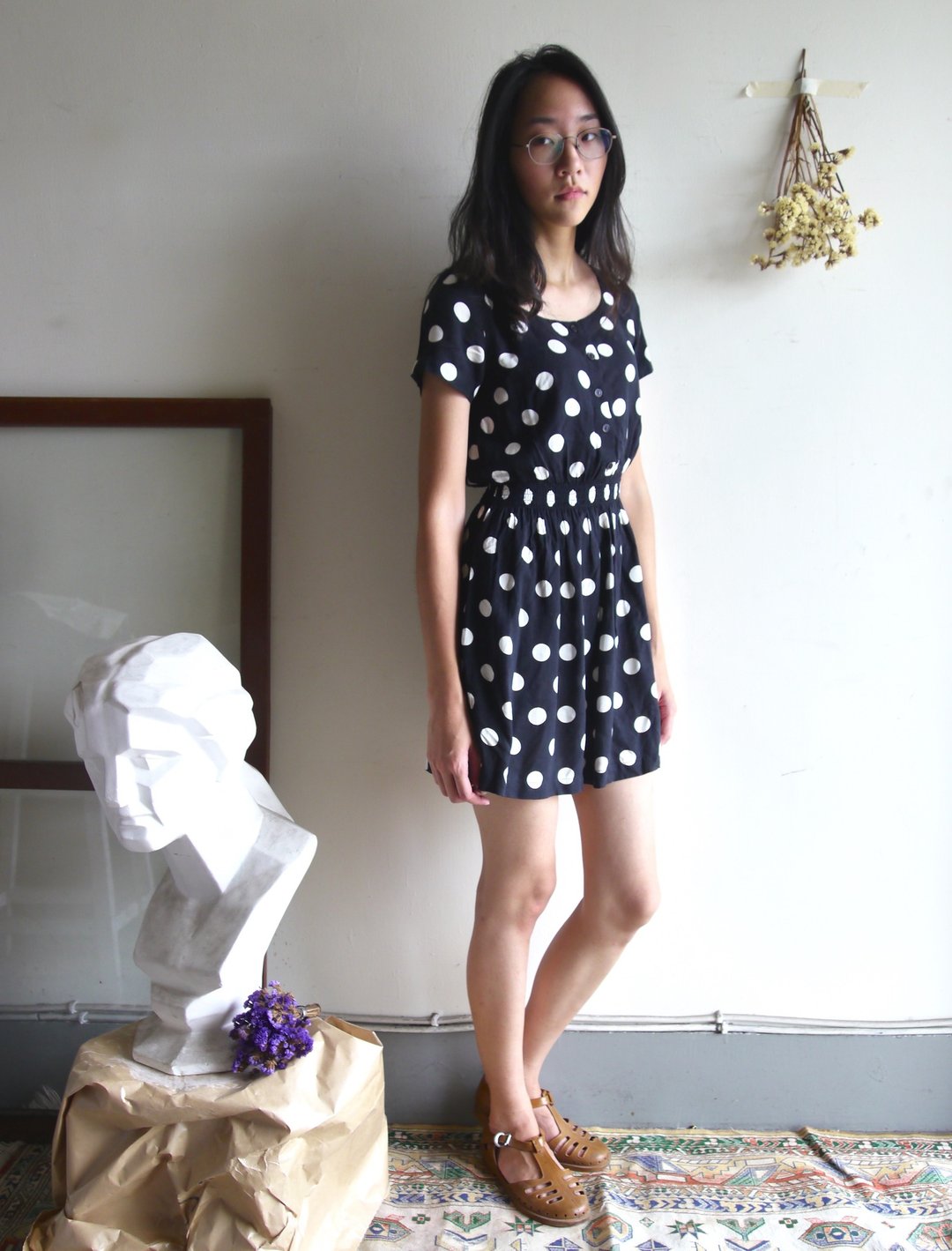 FOAK古着 复古黑白大点点洋装 - 洋装/连衣裙 - 其他材质 黑色