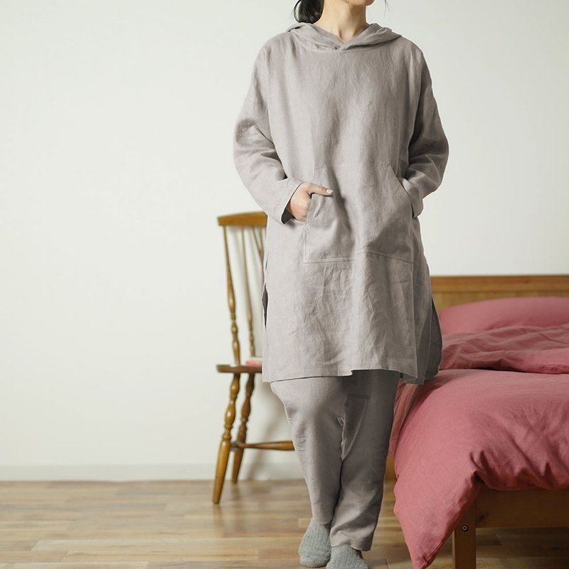 M size --Midweight Linen Hoodie Lounge-wear Set Matching / Ash Pearl r014a-asp2-L - 居家服/睡衣 - 亚麻 灰色