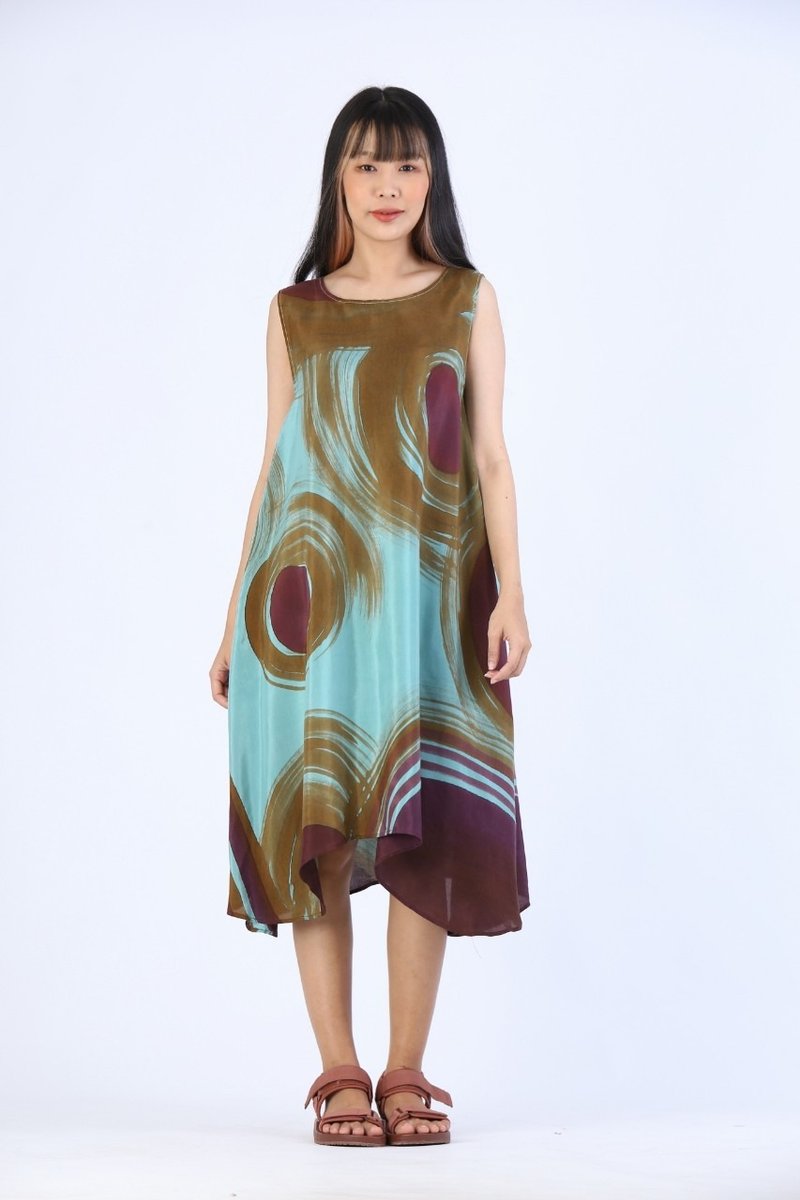 Dress Hand Paint Soft Cotton Silk for Yoga Vacation Holidays - 洋装/连衣裙 - 棉 绿色