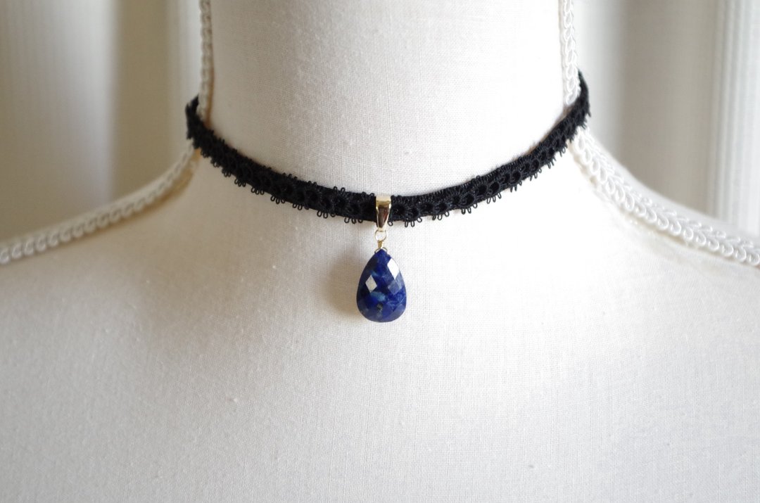 Tatting lace and velvet ribbon choker · lapis lazuli - 项链 - 棉 黑色