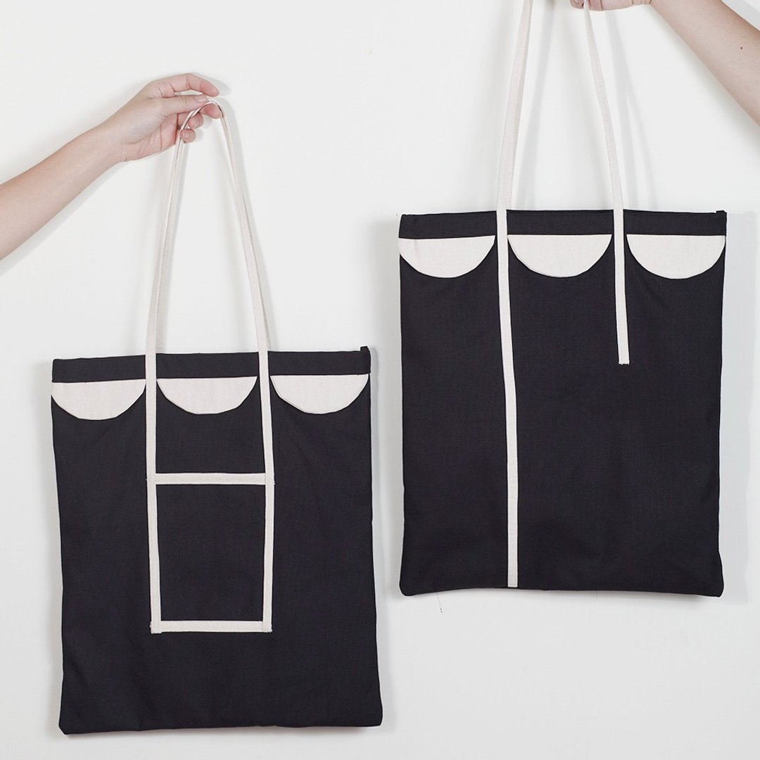 Tote bag semicircle patchwork style black color made from canvas fabric - 手提包/手提袋 - 其他材质 黑色
