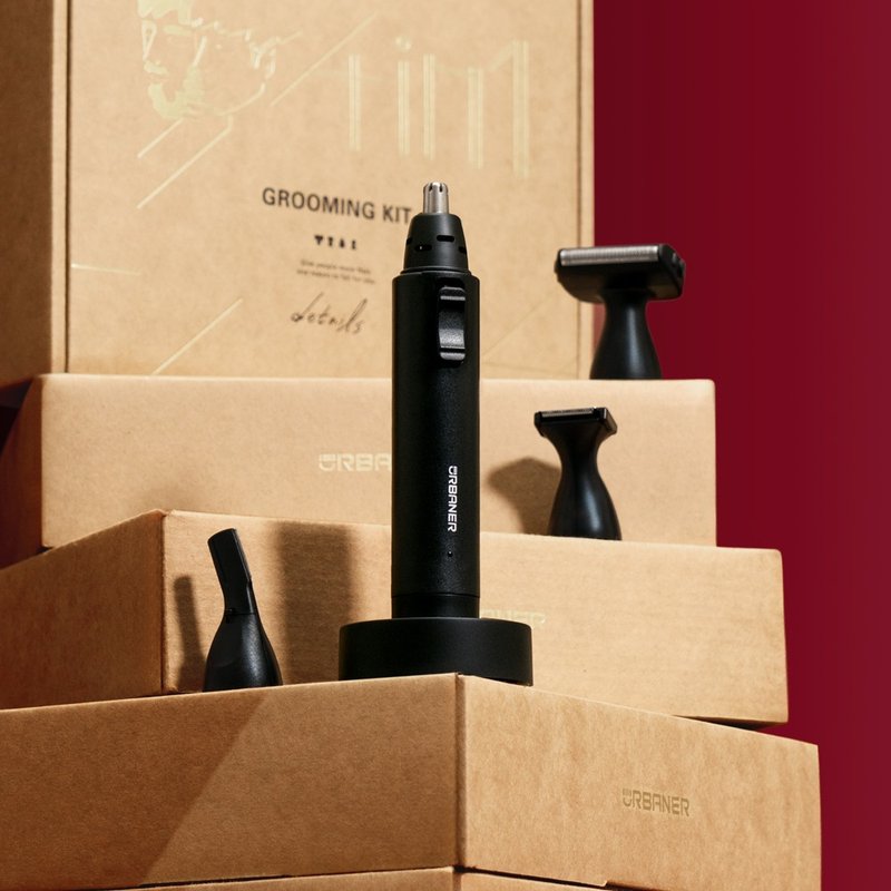 定制化礼物:四合一修容组 鼻毛刀/修胡刀 圣诞礼盒 可雷雕 - 男性清洁护肤品 - 防水材质 黑色