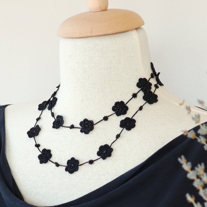 蕾丝编织90厘米长项链【玛丽】黑色 - 项链 - 绣线 黑色