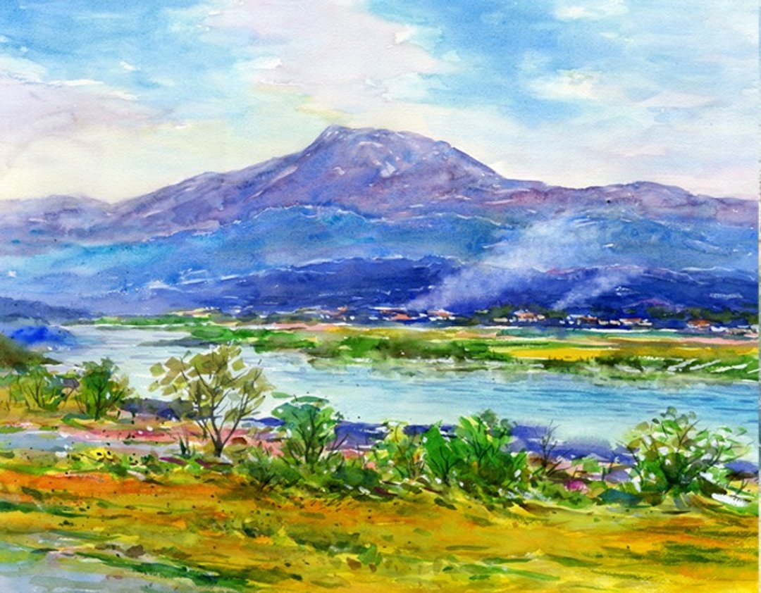 Original watercolor painting Shinshu scenery, Mt. Madarao and Chikuma River - 海报/装饰画/版画 - 纸 蓝色