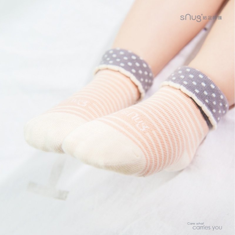 MIT纯棉健康儿童除臭袜-横纹粉橘 止滑学步袜/翻口图案设计 sNug - 婴儿袜子 - 棉．麻 粉红色