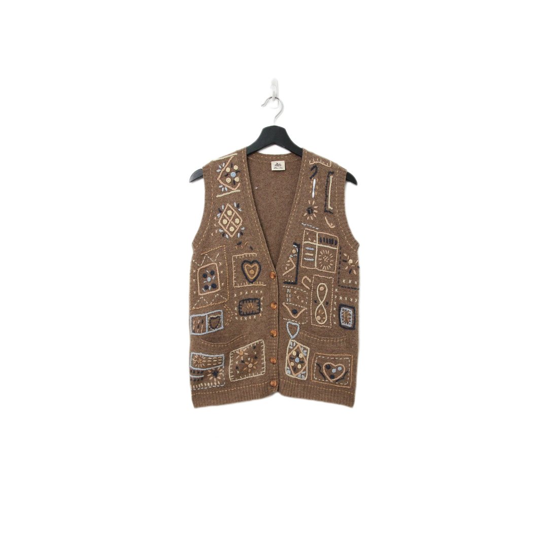 Back to Green-复古毛料背心 栗子色 刺绣 v-43/sweater vest - 女装背心 - 羊毛 