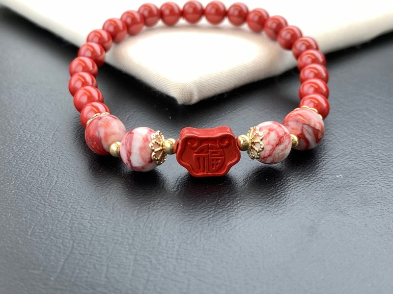 天然朱砂原矿手链 14k包金手链 玉化朱砂 帝王朱砂 开运 手串 - 手链/手环 - 半宝石 多色