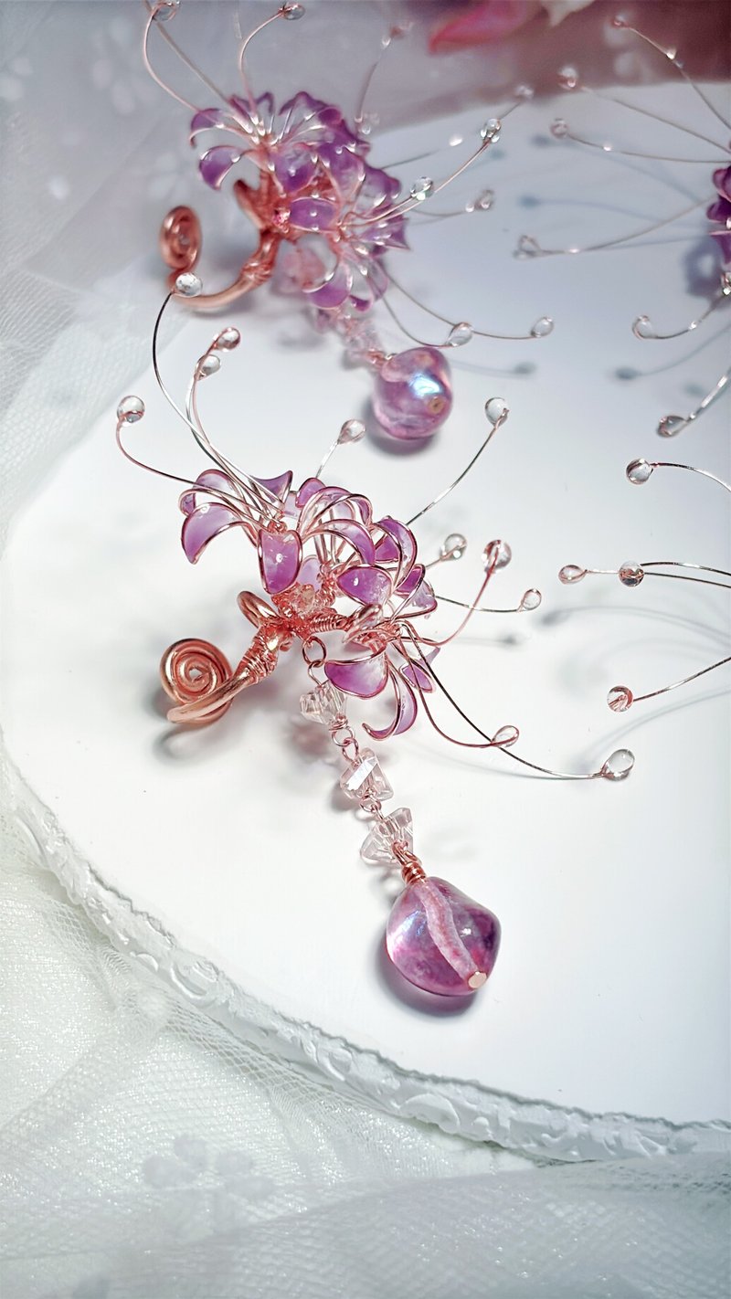 彼岸花 垂链耳骨夹 仙女紫色 粉红泡泡 耳夹/耳针 - 耳环/耳夹 - 树脂 紫色