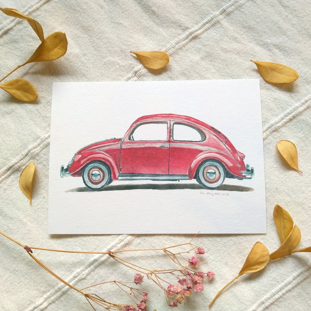 红色金龟车 / 单张插画明信片 / B7尺寸 - 卡片/明信片 - 纸 红色