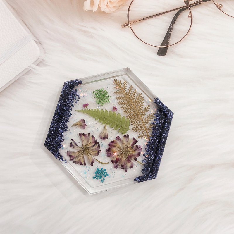 押花水果滴胶杯垫  饰品收纳 托盘 - 紫云英草子花 - 摆饰 - 树脂 蓝色