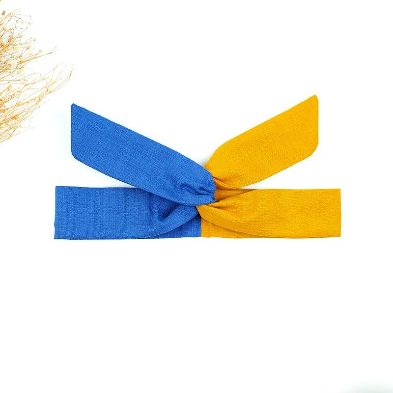 小牛村 Calf Village 手工发饰 铝线发带 多元造型 头带 日系素色拼接 {蓝天夕阳} 芥黄/宝蓝【A-159】 - 发饰 - 棉．麻 黄色