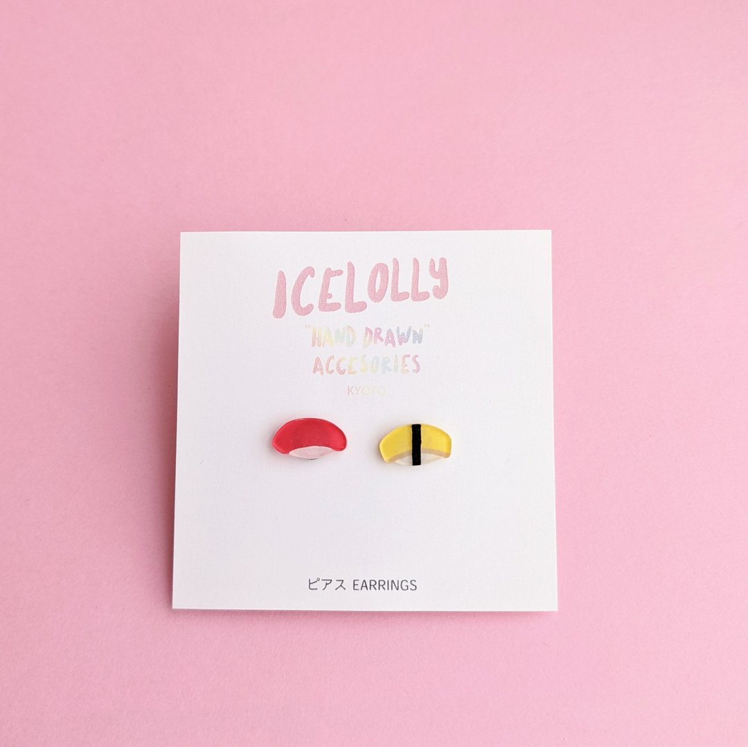 Hand-painted sushi plastic van earrings Clip-On - 耳环/耳夹 - 塑料 红色