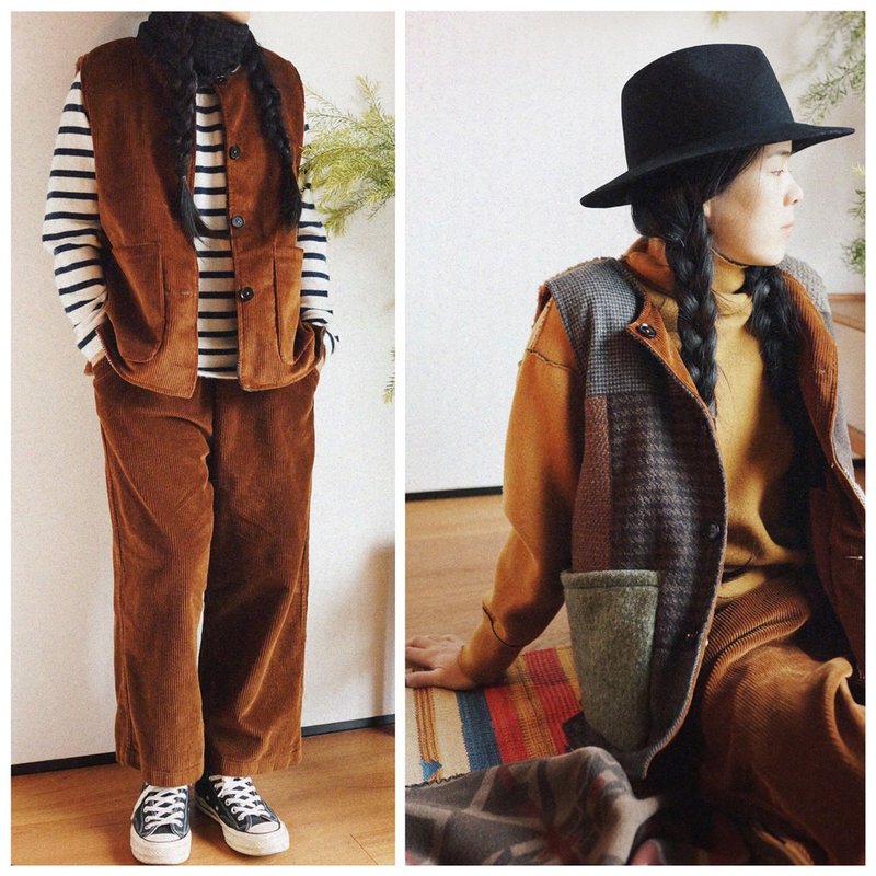 雙面穿進口羊毛呢 手工拼布制作 焦糖燈芯絨冬季保暖馬甲 - 女装休闲/机能外套 - 羊毛 咖啡色