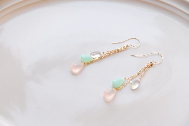 粉红玉髓、绿蛋白石与绿紫水晶三色串珠耳环 14KGF - 耳环/耳夹 - 半宝石 多色