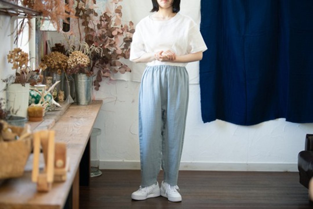 Linen & Organic Cotton Double Gauze Loose Pants [Juniper Berry Dyed] - 女装长裤 - 棉 