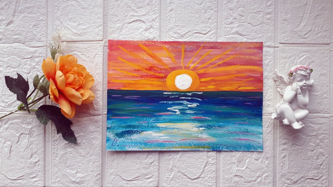 色彩的交响曲，海景日落艺术画，现代印象派画作 - 墙贴/壁贴 - 纸 多色