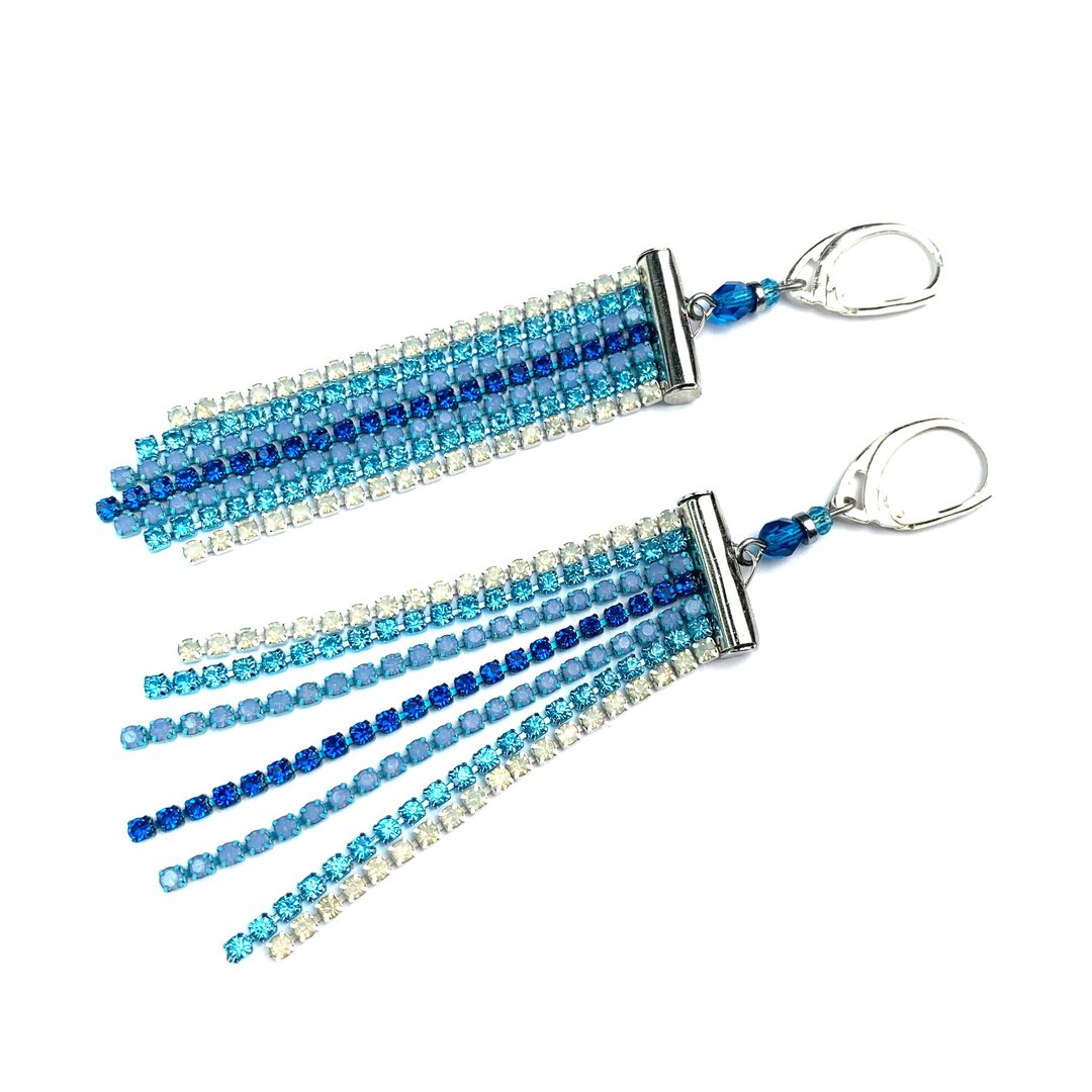 Blue ombre tassel earrings Statement rhinestone chain earrings - 耳环/耳夹 - 不锈钢 蓝色
