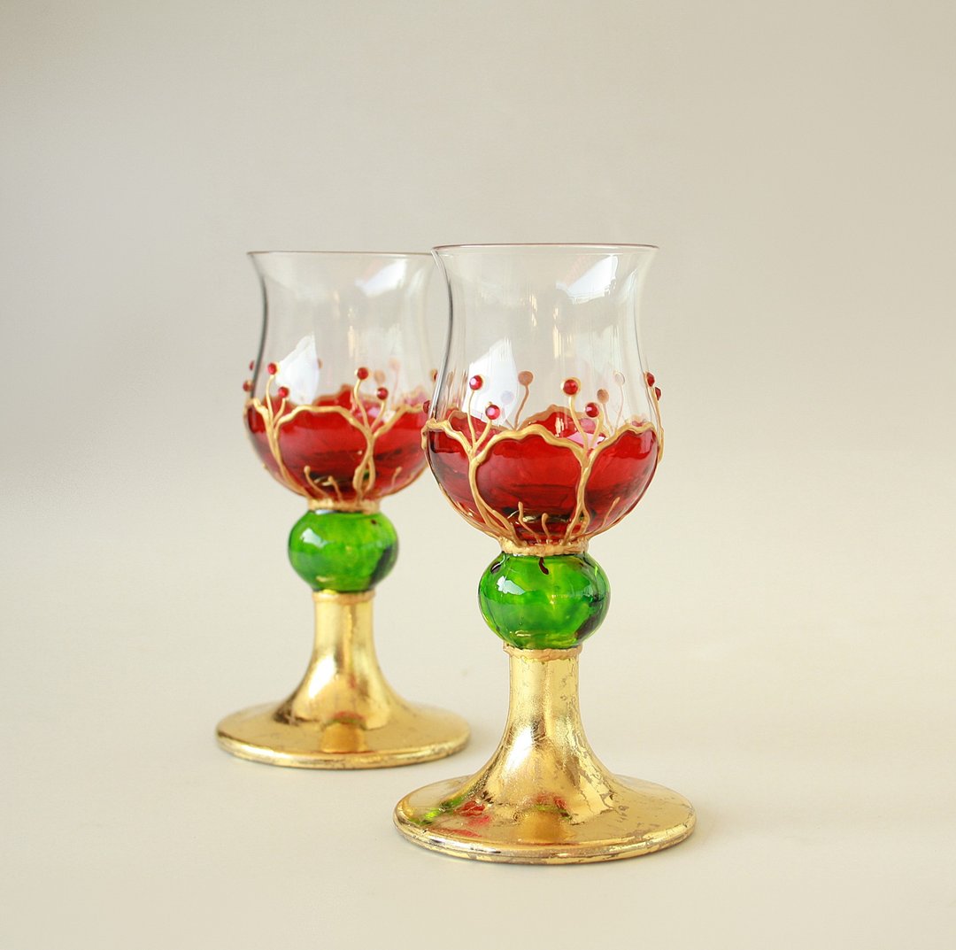 Shot Glasses Sakura Red Flower, hand-painted set of 2 - 酒杯/酒器 - 玻璃 红色