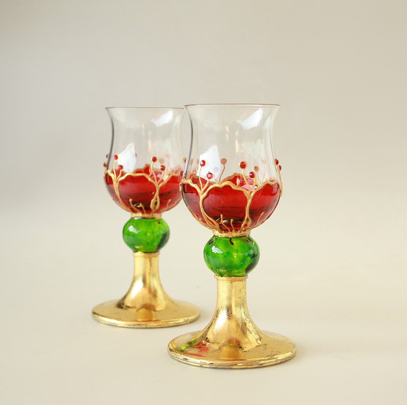 Shot Glasses Sakura Red Flower, hand-painted set of 2 - 酒杯/酒器 - 玻璃 红色