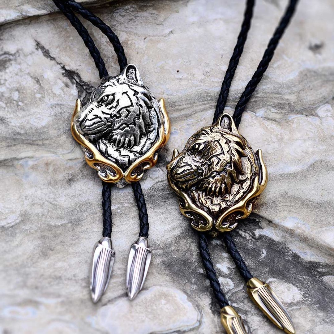 十二生肖 老虎 焱虎 保罗领带 Bolo Tie 皮革项链 皮绳领带 - 领带/领带夹 - 不锈钢 银色