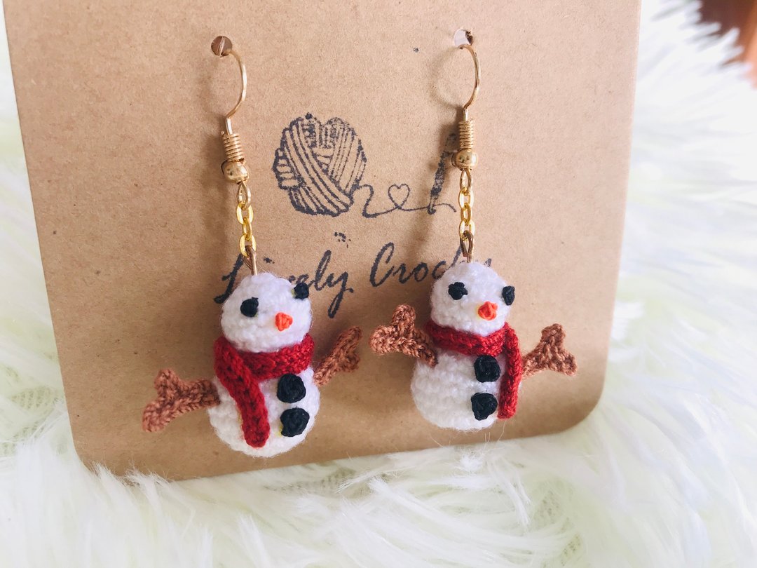 Christmas Gift, Snowman Crochet Earrings, Christmas Crochet Earrings - 耳环/耳夹 - 绣线 白色