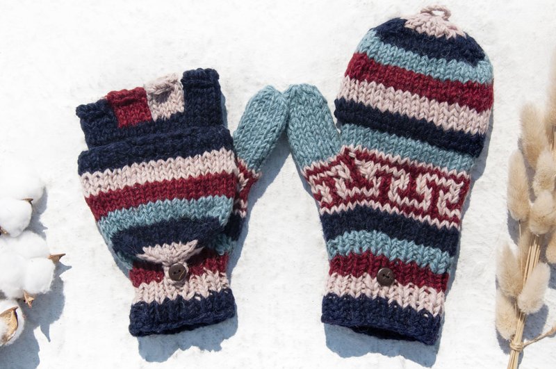 手织纯羊毛针织手套/可拆卸手套/内刷毛手套/保暖手套-草莓水果茶 - 手套 - 羊毛 多色