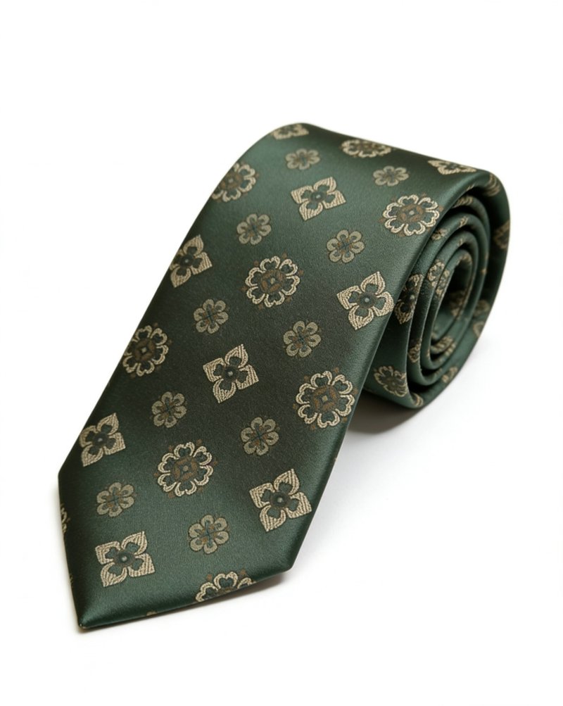 墨綠色真絲復古小花四葉草領帶原創系列 - 领带/领带夹 - 丝．绢 绿色