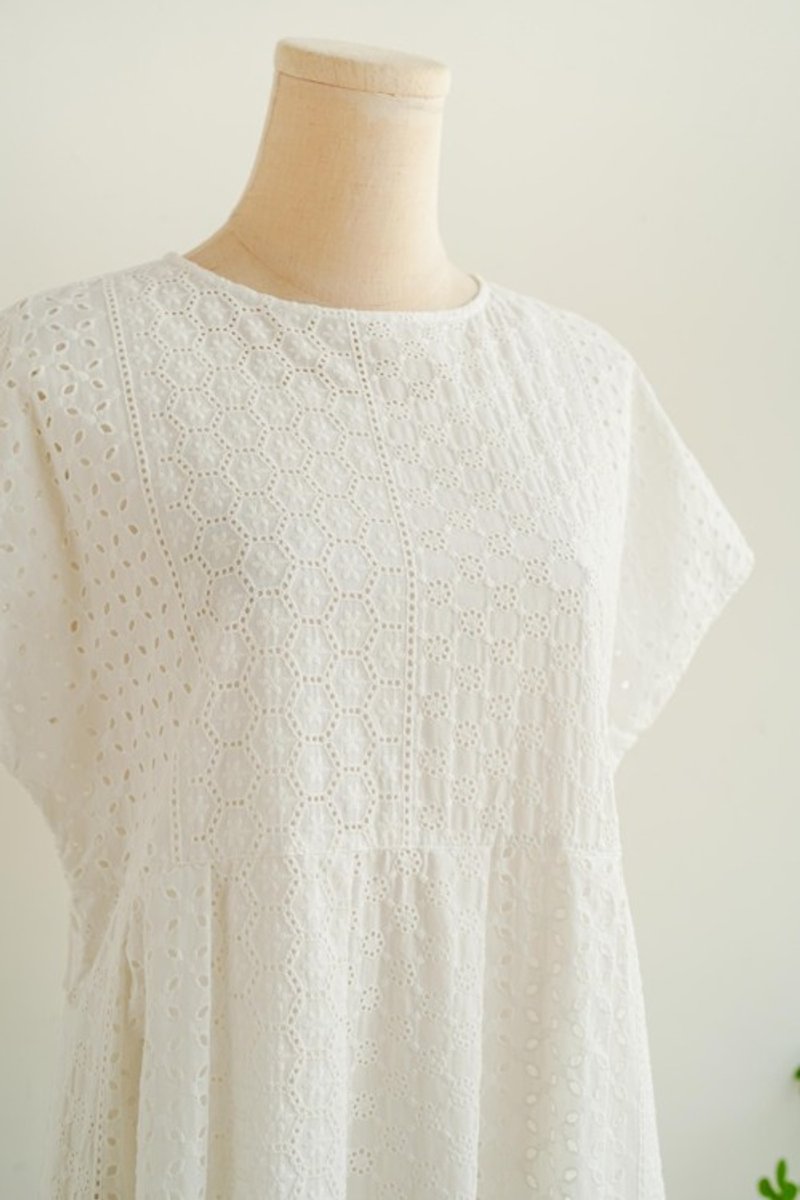 蕾丝洋装 内搭衬裙两件套  100%纯棉 优雅气质款 纯白 240627-1 - 洋装/连衣裙 - 棉．麻 