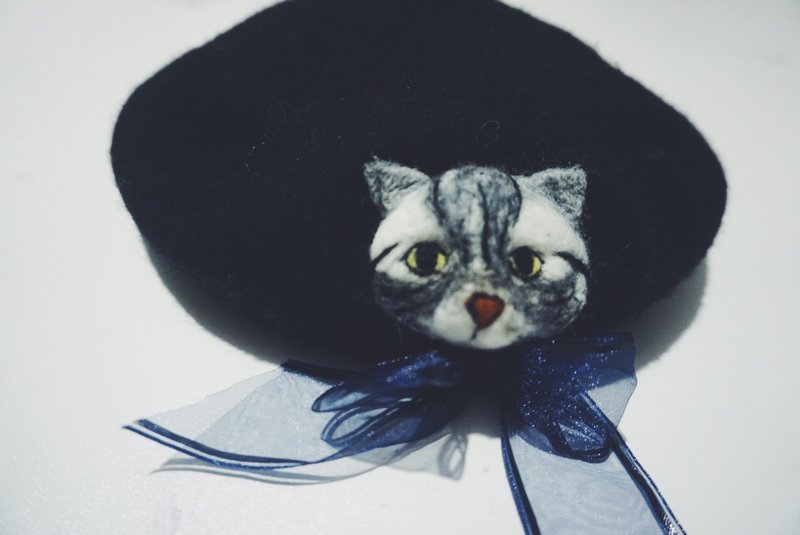 鹿栗塔羊毛手作猫咪画家帽 - 帽子 - 羊毛 黑色