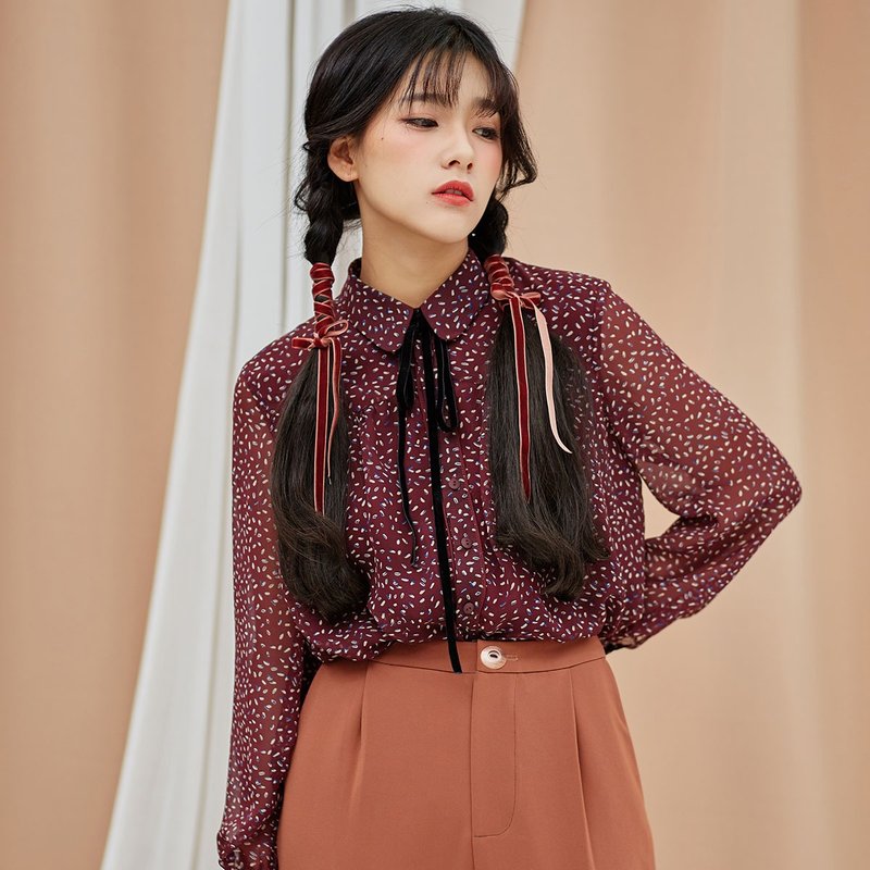 安妮陈2017秋装新款女士领口系带灯笼袖衬衫 - 女装衬衫 - 聚酯纤维 红色