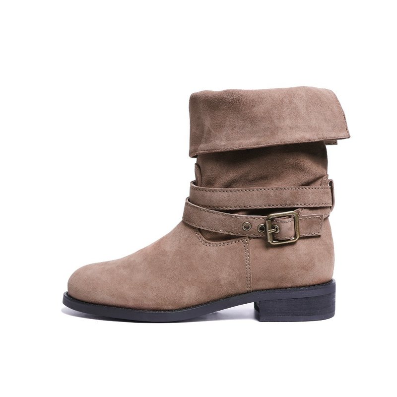 时髦抓皱个性麂皮反折短靴驼棕色 - 女款短靴 - 真皮 咖啡色