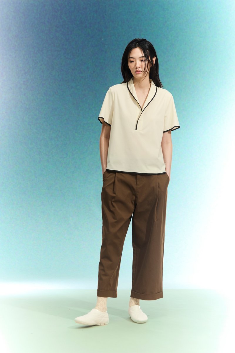 米色滚边线条上衣 - 女装上衣 - 棉．麻 白色