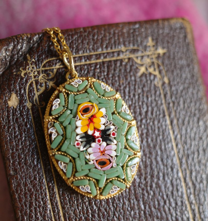 古董意大利马赛克镶嵌琉璃花项链 A6 - 项链 - 其他金属 金色