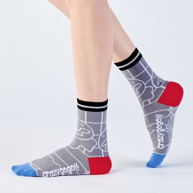 联名Crazygogo_格子松饼 中筒袜 - 灰(F) - 袜子 - 棉．麻 灰色