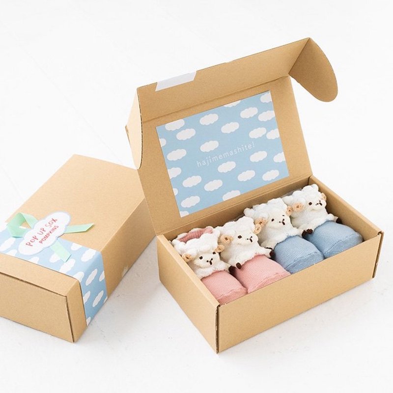 1212252P  2足セットギフトボックス POP UP SOX ギフトボックスセット ひつじ Sheep 日本製 サックスブルー/ピンク - 满月礼盒 - 棉．麻 粉红色