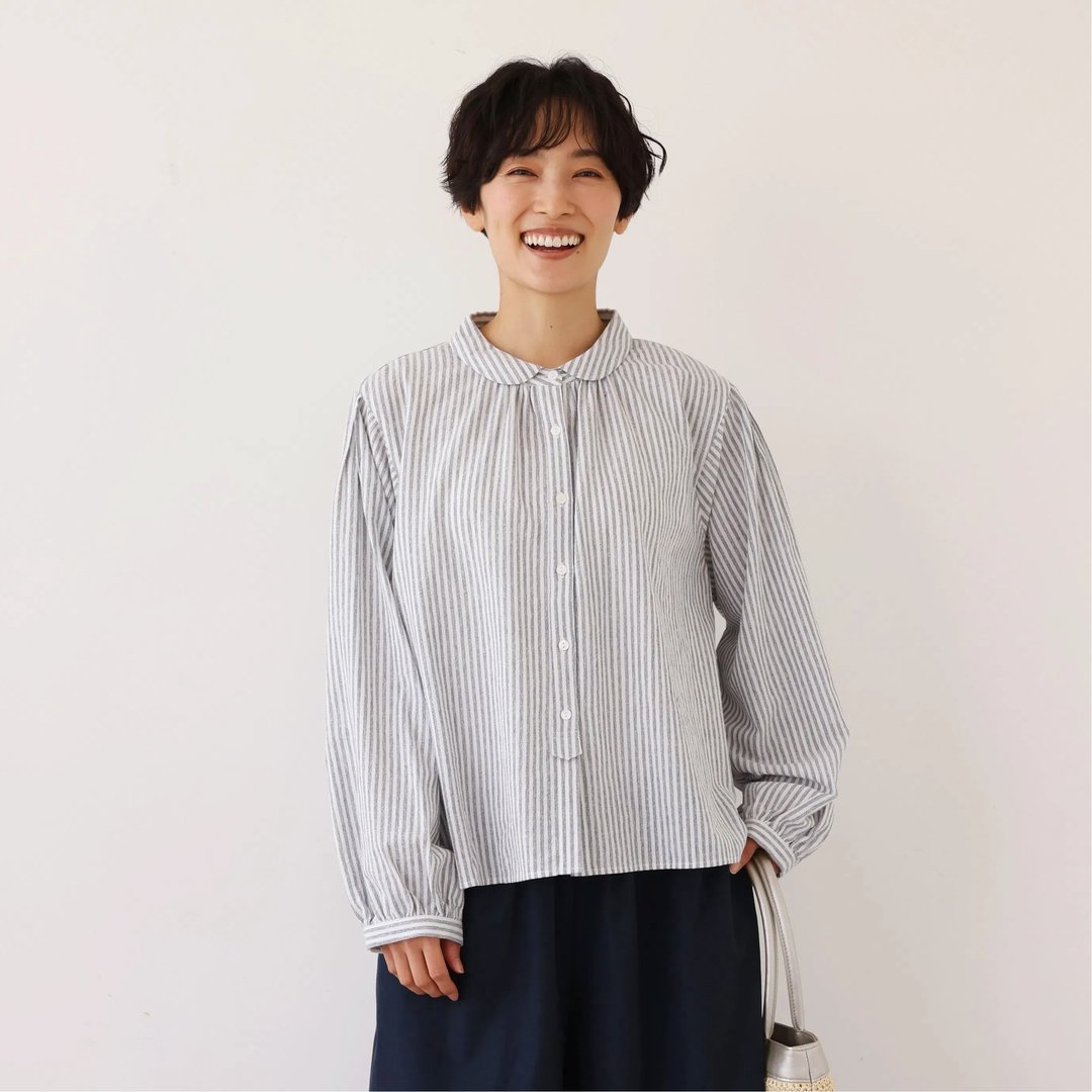 大人可爱 复古时髦条纹棉麻衬衫 灰色 250906-2 - 女装衬衫 - 棉 银色