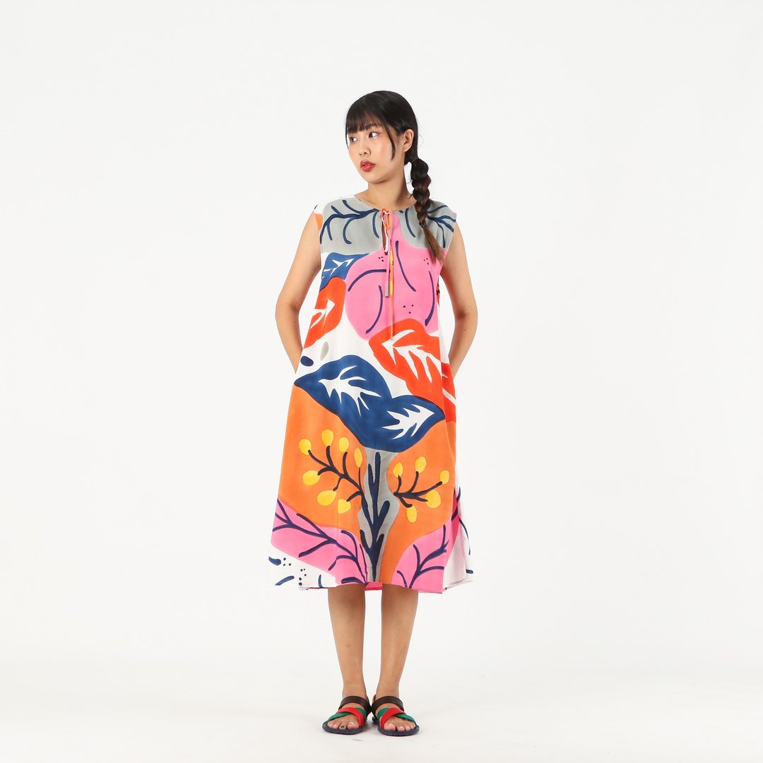 Short Dress Cotton Rayon Hand Paint For Summer Beach Vacatio - 洋装/连衣裙 - 棉 粉红色