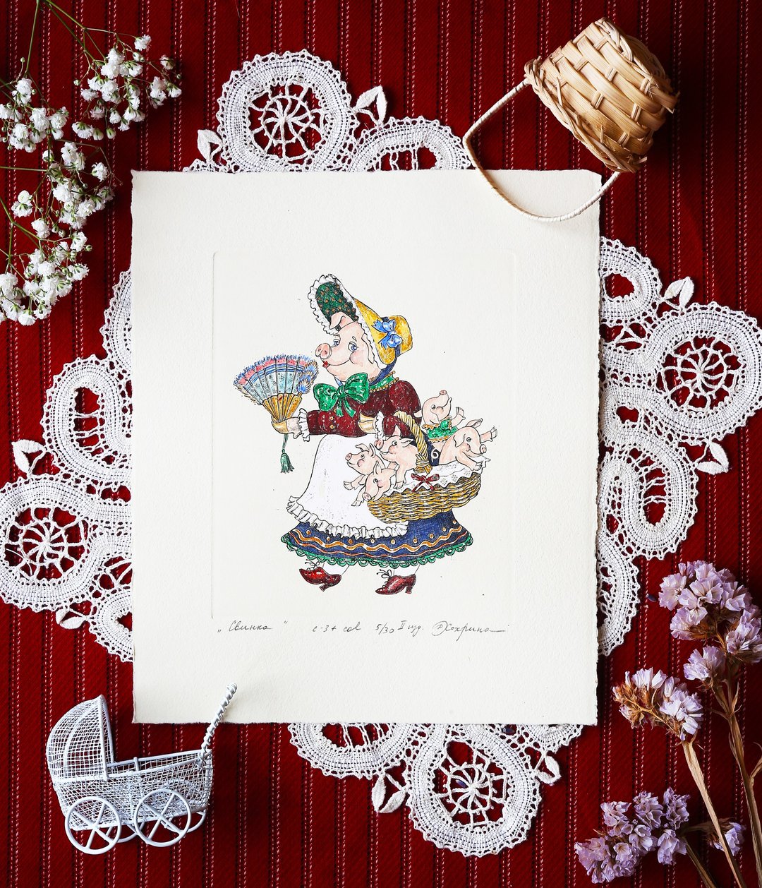 Missis Pig Etching Print, Fairy Tale Illustration, Vintage Style Card,Watercolor - 海报/装饰画/版画 - 纸 多色