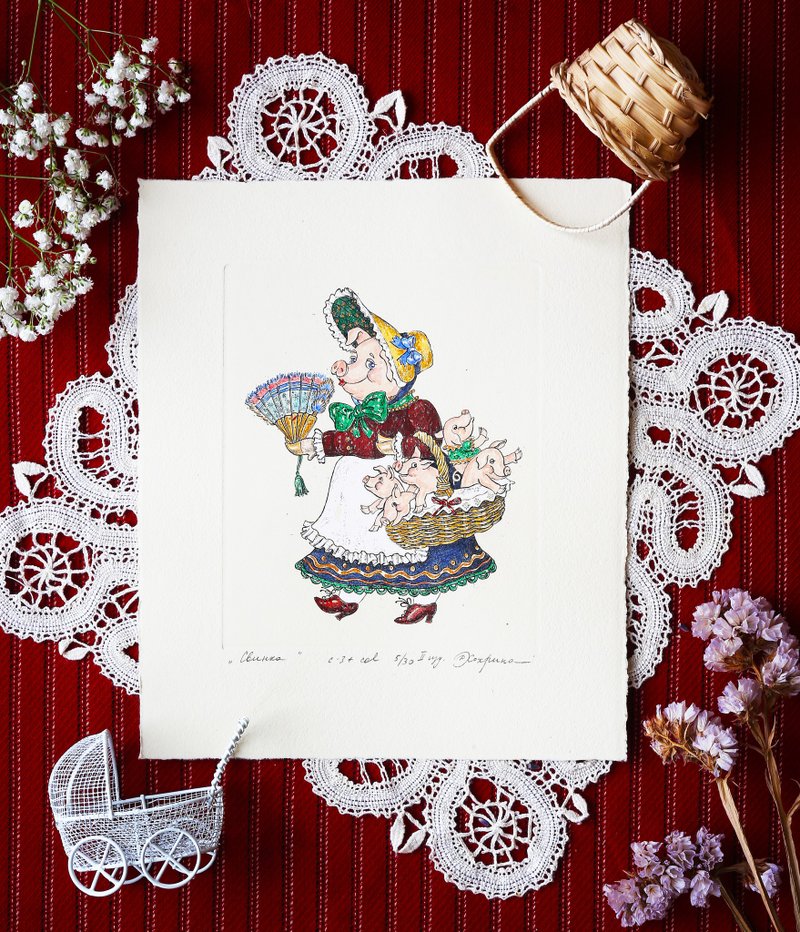 Missis Pig Etching Print, Fairy Tale Illustration, Vintage Style Card,Watercolor - 海报/装饰画/版画 - 纸 多色